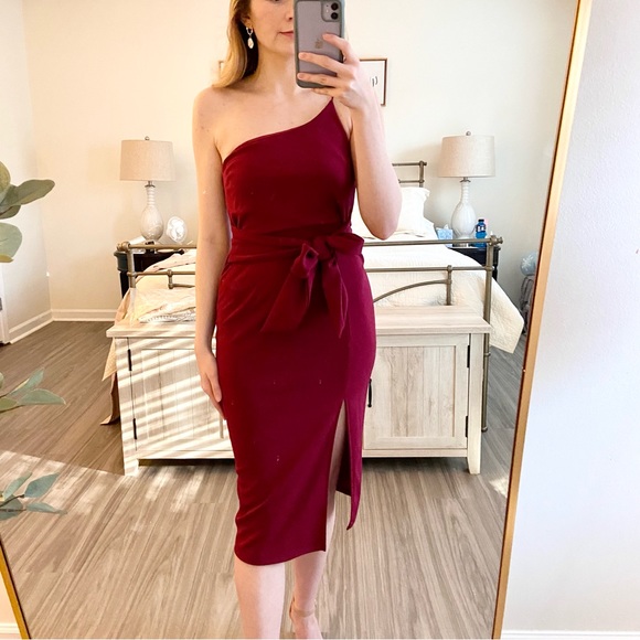 Club Scene Wine Red One-Shoulder Bodycon Midi Dress - Picture 10 of 15
